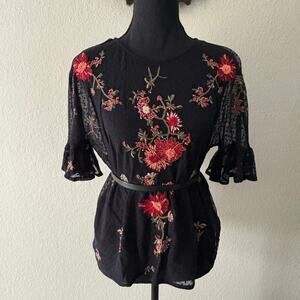 MAEVE by ANTHROPOLOGY A-Line Embroidered Mesh Floral Tunic Blk SzS Dark Witchy